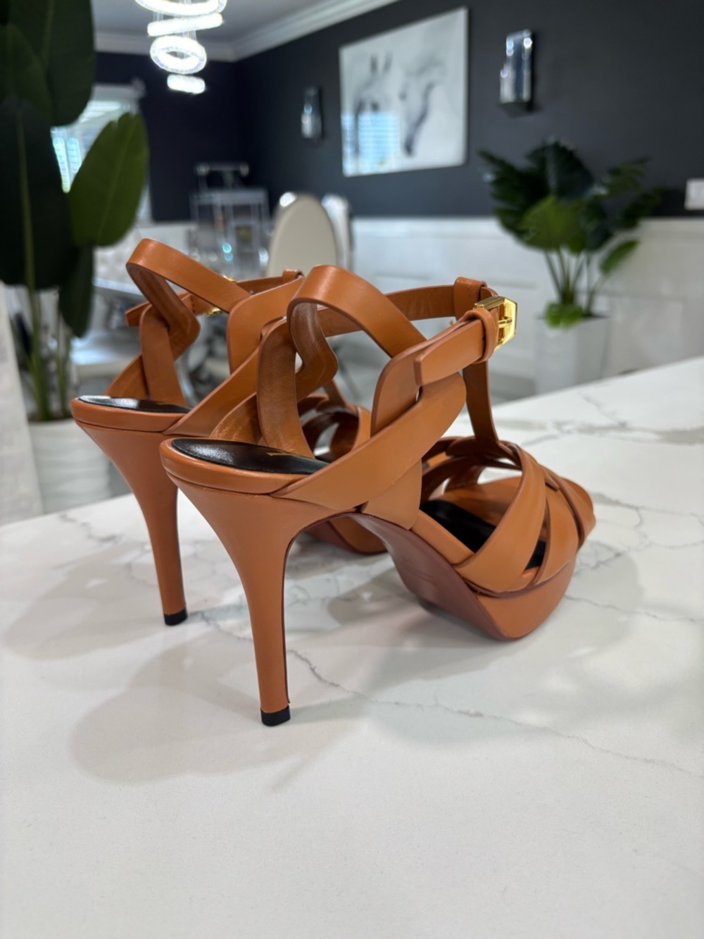 YSL Yves Saint Laurent Brown Leather Tribute Platform Sandals Stiletto Heel - Picture 8 of 10